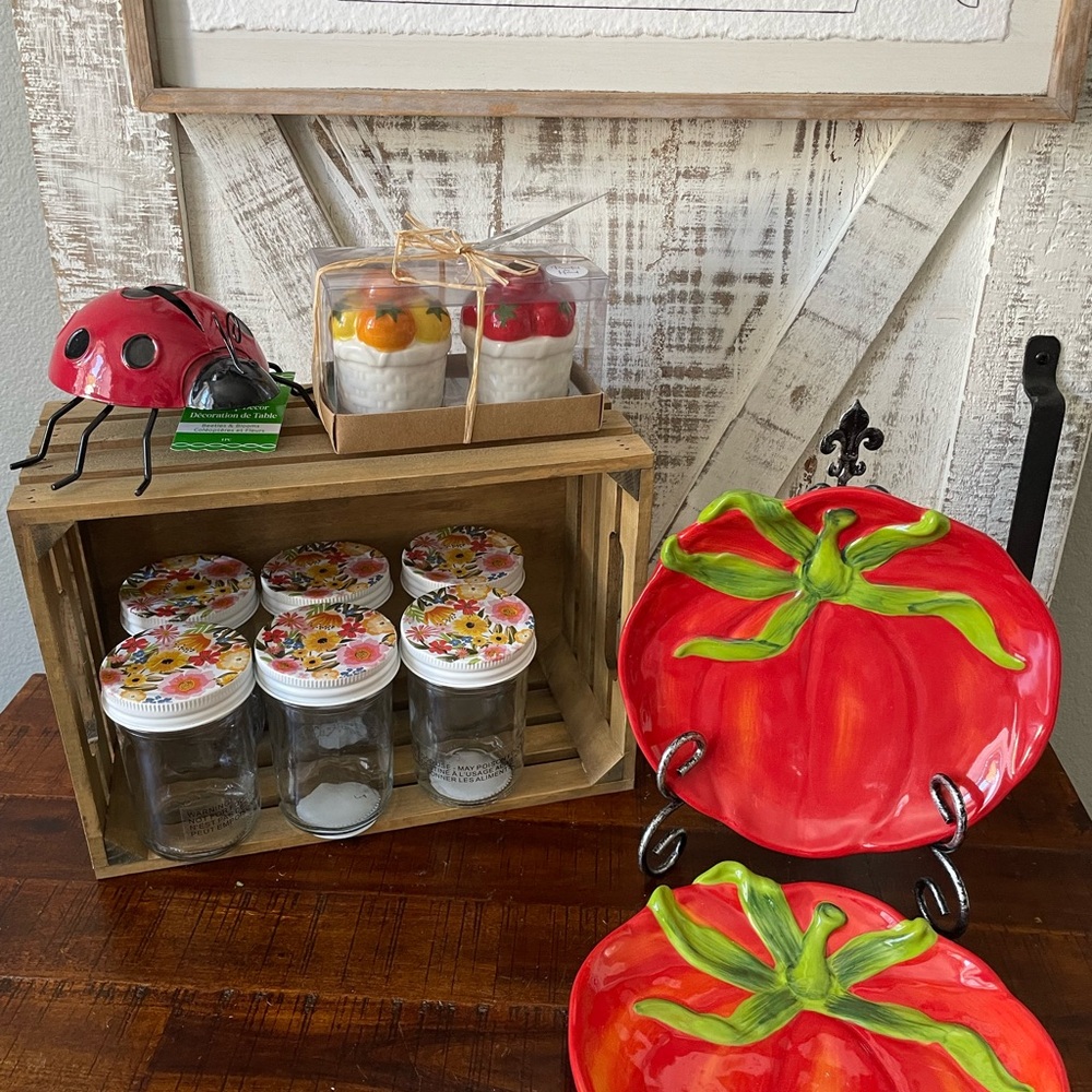 Set of Two Pier 1 Brand Tomato Plates and Set of Tomato Salt and Pepper Shakers